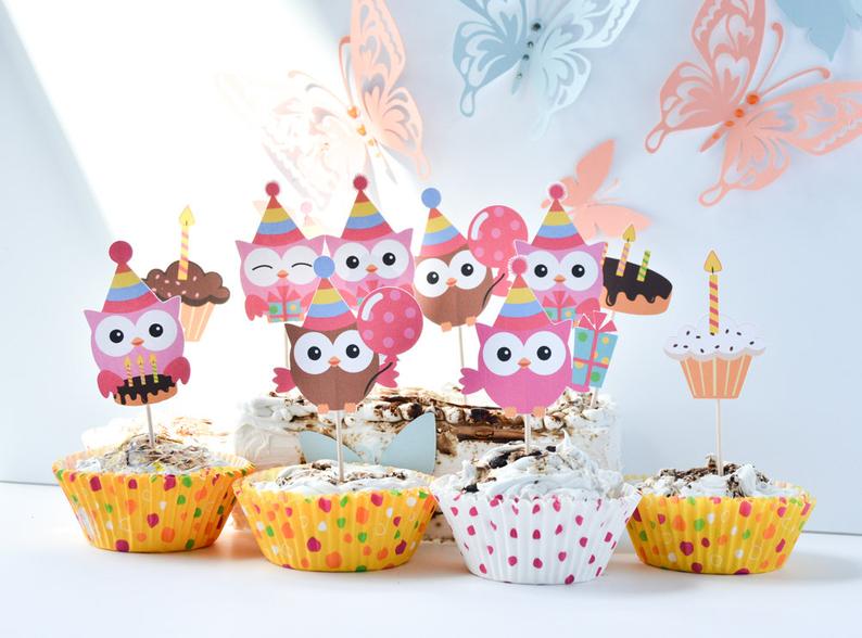 12 Owl Birthday Party Supplies Owl Cake Decoration Owl Cake image 0